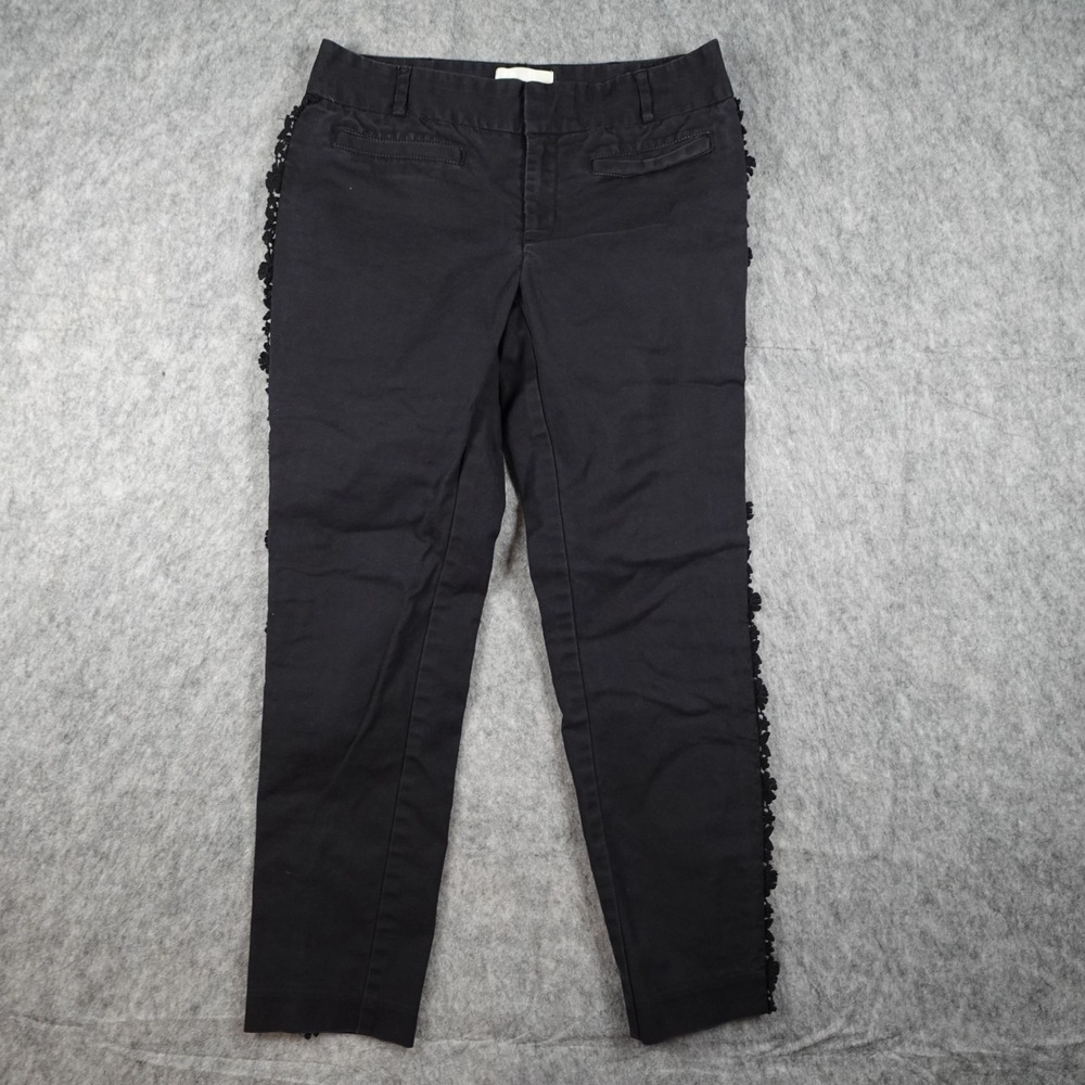 Anthropologie Elevenses Pants Women 4 Black Lace Side Trim Cropped Chino Stretch